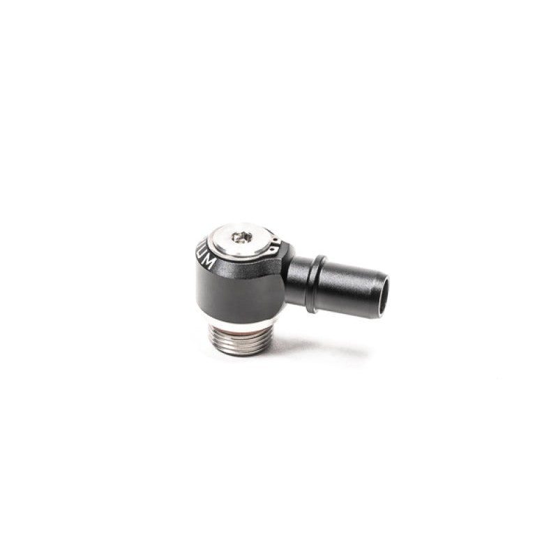 Radium Engineering swivel banjo adapter, 8AN ORB male to 16mm SAE male quick-connect, aluminum and stainless steel.