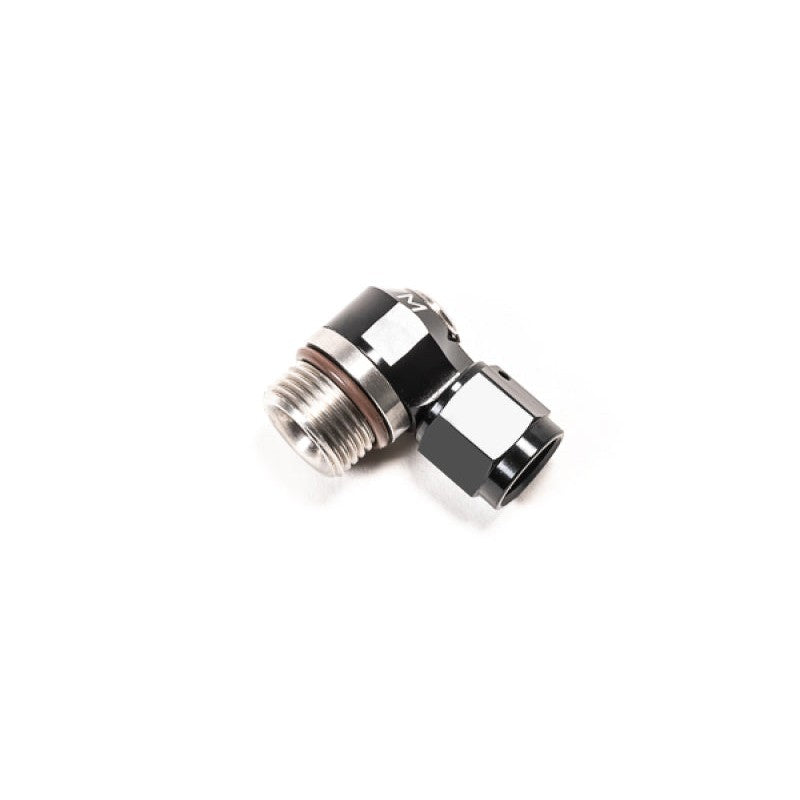 Radium Engineering 8AN ORB to 6AN female swivel banjo adapter fitting with black anodized and stainless finishes.