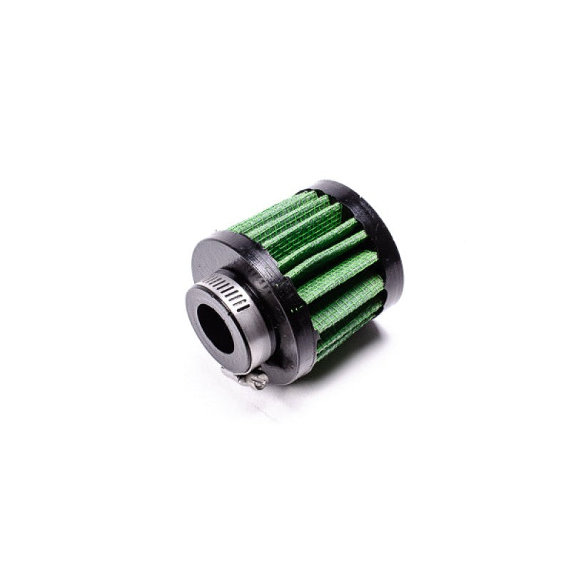Radium Engineering 0.75 inch ID air filter with black synthetic media and included stainless steel hose clamp.