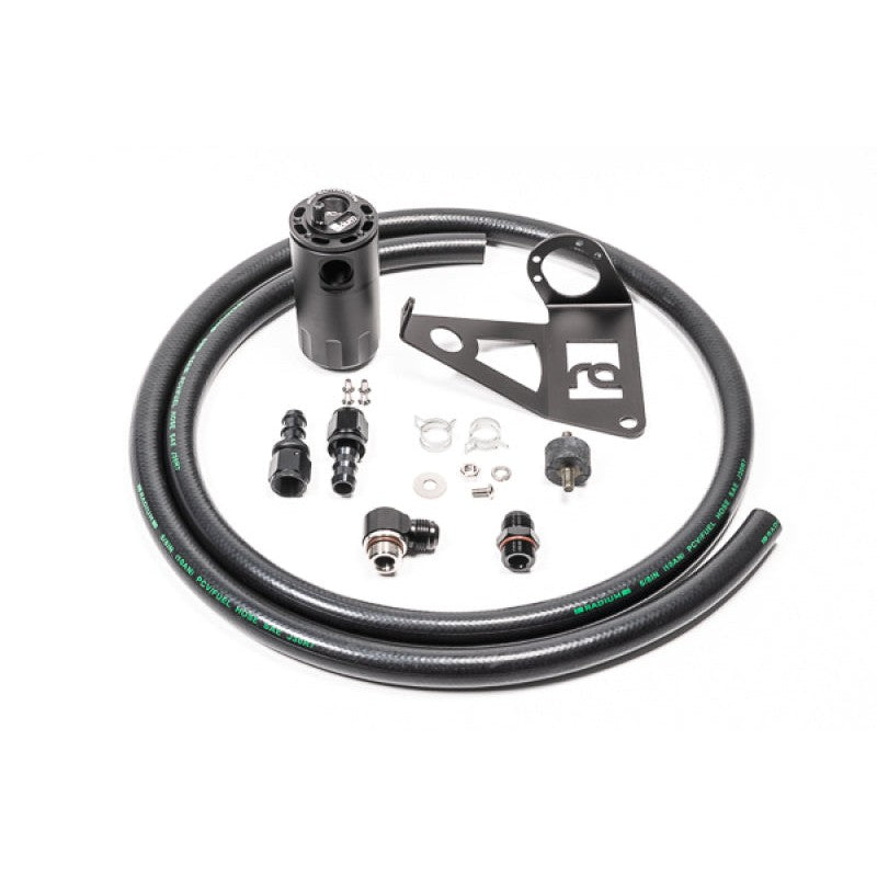 Radium Engineering black anodized aluminum Fluid Lock catch can kit for 2001-2006 BMW E46 M3 with hoses and brackets.