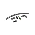 Radium Engineering plumbing kit for BMW M54 fuel rails showing various black AN fittings and plugs.