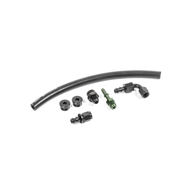 Radium Engineering plumbing kit for BMW M54 fuel rails showing various black AN fittings and plugs.