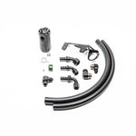 Radium Engineering CCV catch can kit with black anodized Fluid Lock canister for the B58 Toyota GR Supra.