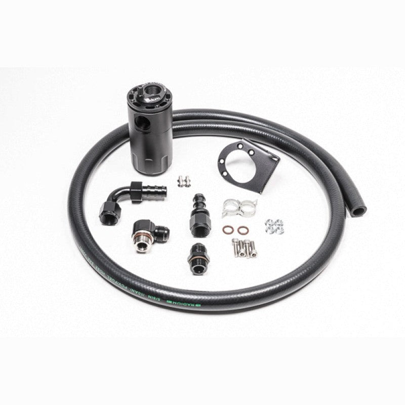 Black anodized Radium Engineering CCV catch can kit with Fluid Lock, custom brackets, and hoses for Subaru WRX VB.