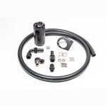 Black anodized Radium Engineering CCV catch can kit with Fluid Lock, custom brackets, and hoses for Subaru WRX VB.