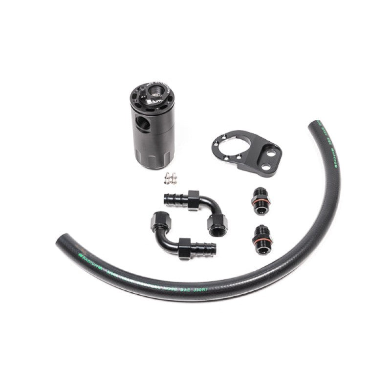 Radium Engineering Fluid Lock PCV catch can kit with black anodized canister, custom bracket, and hoses for Ford Fiesta ST.