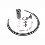 Radium Engineering black anodized PCV catch can with Fluid Lock mechanism, mounting bracket, and hoses for MK5 Supra.