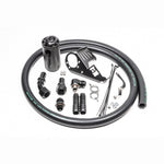 Radium Engineering Fluid Lock PCV catch can kit with black anodized canister, mounting bracket, and hoses.