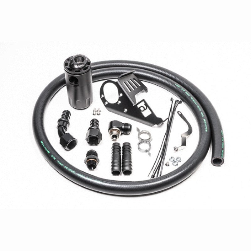Radium Engineering Fluid Lock PCV catch can kit with black anodized canister, mounting bracket, and hoses.