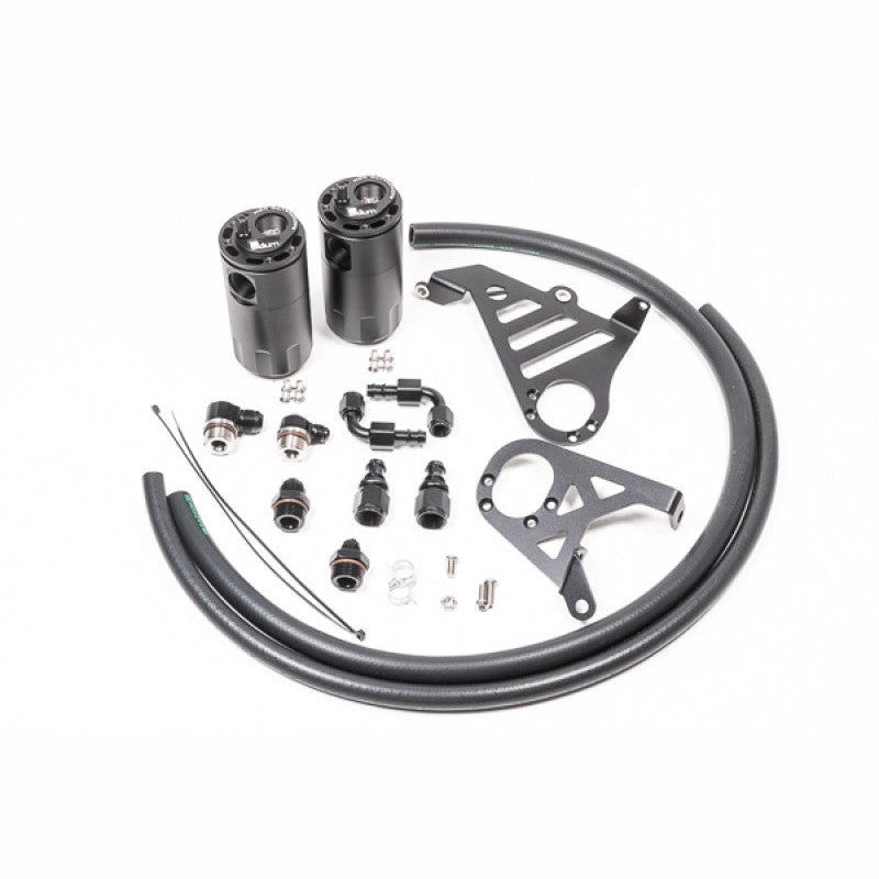 Radium Engineering dual black anodized aluminum catch can kit with brackets and hoses for 2016-2018 Ford Focus RS.