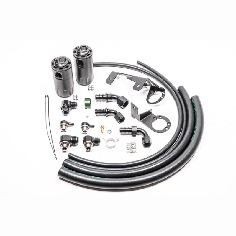 Radium Engineering dual Fluid Lock catch can kit with black anodized canisters and brackets for MK5 Toyota Supra