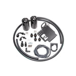 Dual black anodized aluminum catch cans with Fluid Lock valves and mounting hardware for Honda S2000.