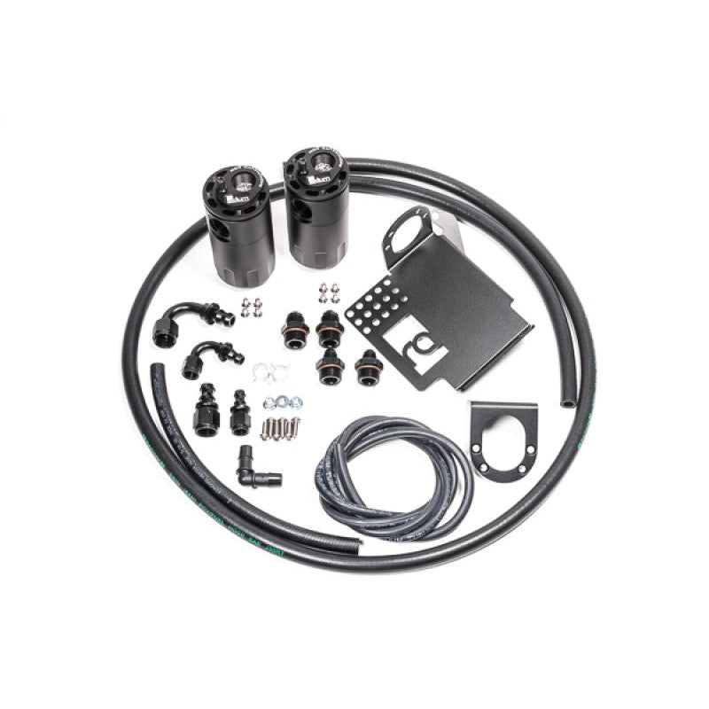 Dual black anodized aluminum catch cans with Fluid Lock valves and mounting hardware for Honda S2000.