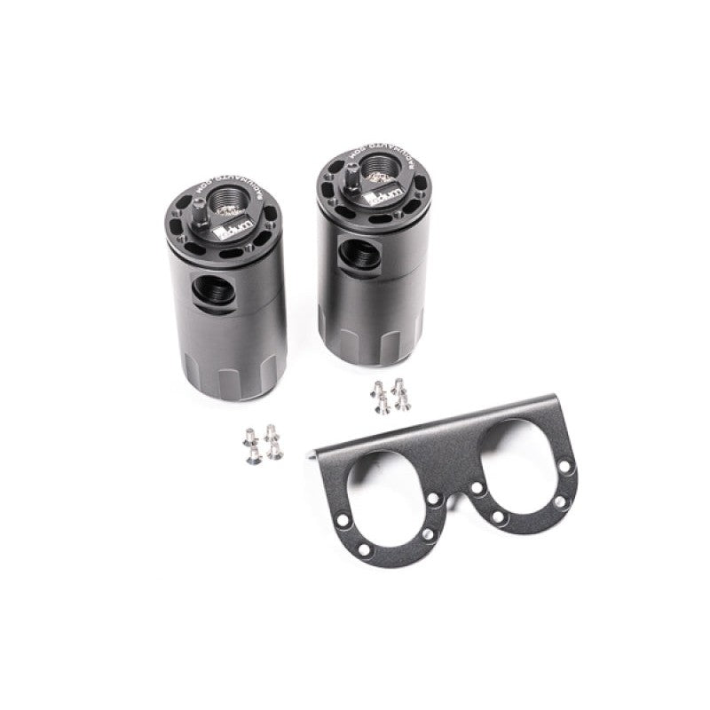 Dual black anodized Radium Engineering catch cans with Fluid Lock on a stainless steel universal mounting bracket