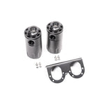 Dual black anodized Radium Engineering catch cans with Fluid Lock on a stainless steel universal mounting bracket