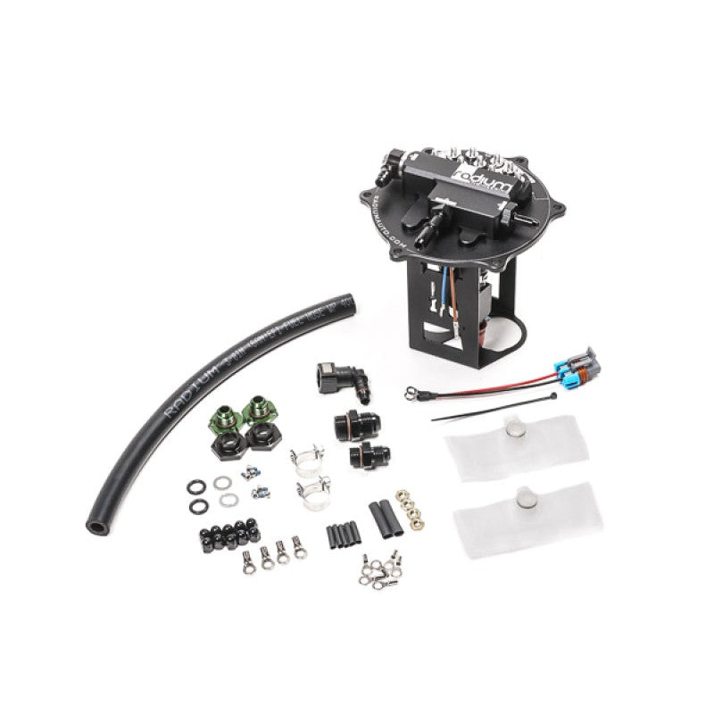 Radium Engineering drop-in fuel pump hanger for Mitsubishi Evolution 7/8/9, compatible with Walbro F90000-series pumps.