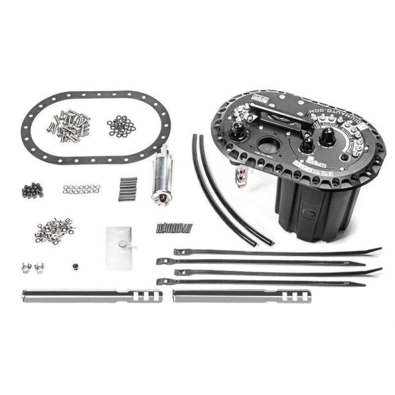 Radium Engineering FCST-X fuel cell surge tank assembly with anodized top plate and Walbro GSS342 fuel pumps.