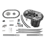 Radium Engineering FCST-X fuel cell surge tank assembly with green anodized components and three Walbro F90000274 pumps.