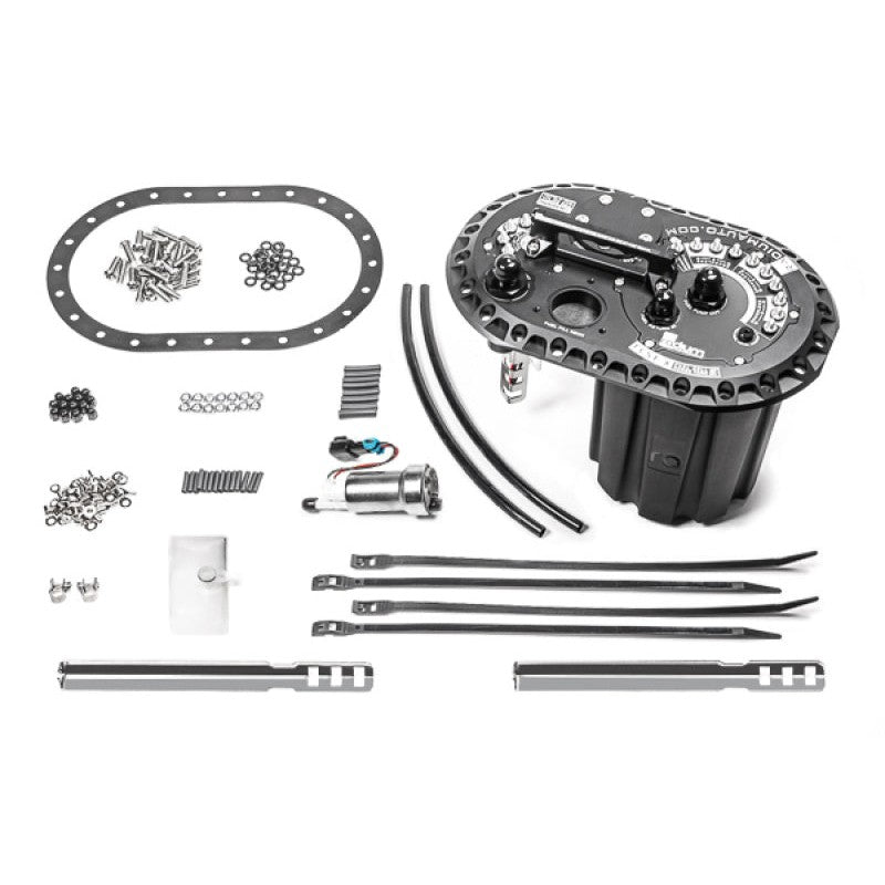 Radium Engineering FCST-X fuel cell surge tank assembly with green anodized components and three Walbro F90000274 pumps.