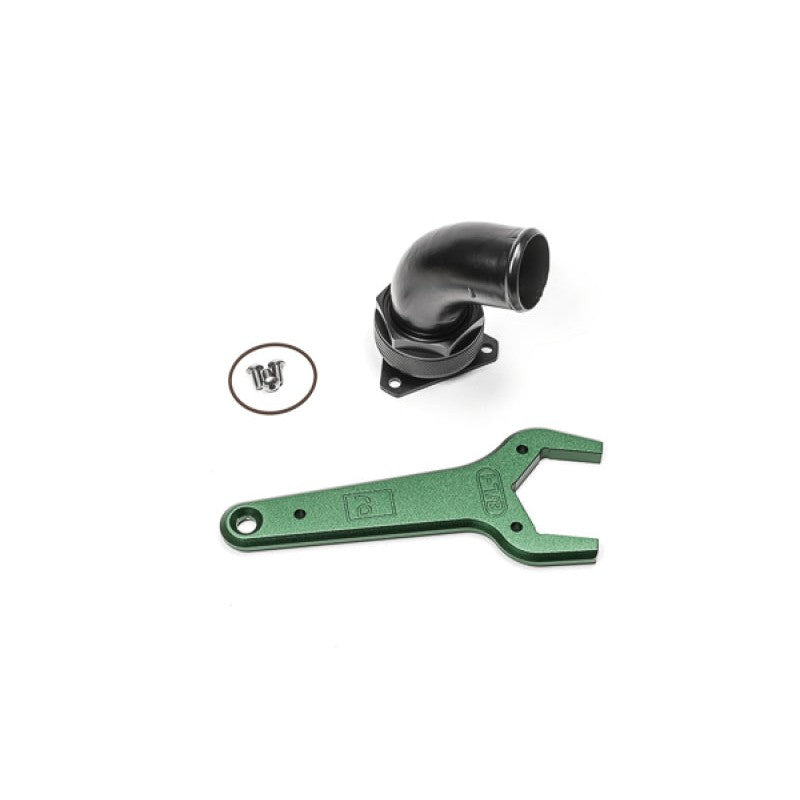 Radium Engineering FCST-X 75-degree remote mount fill neck with 24AN elbow and 1.5-inch hose barb.