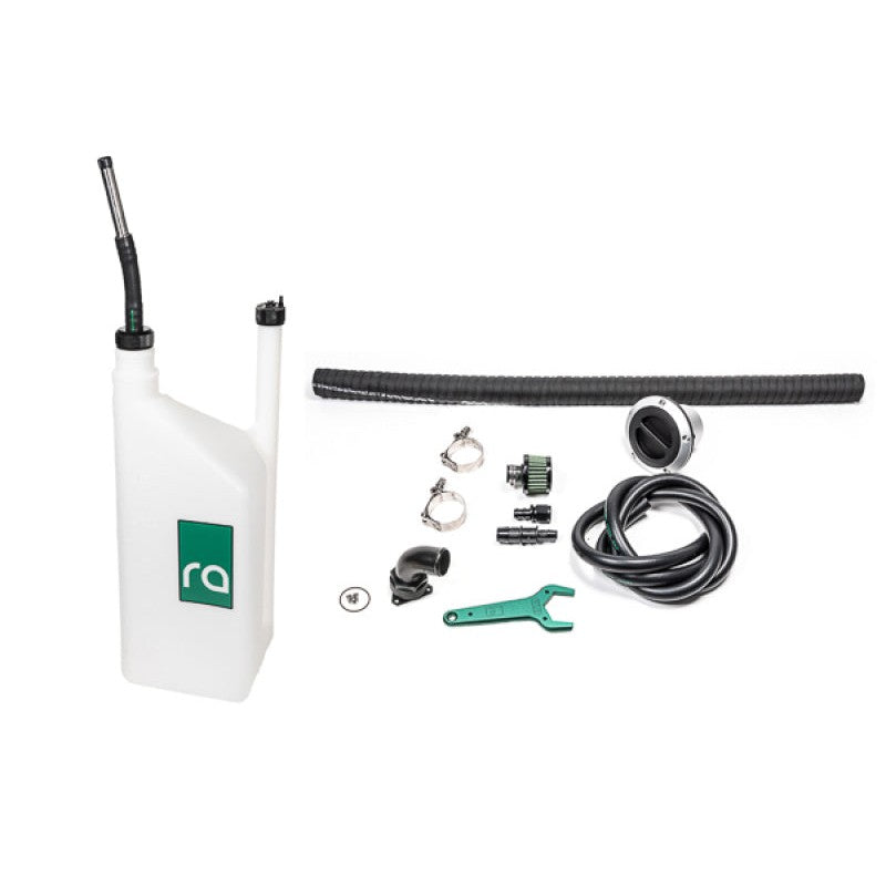 Radium Engineering FCST-X remote refueling kit featuring 1.5 inch hose, 8AN vent line, dump can, and screw-off filler cap.