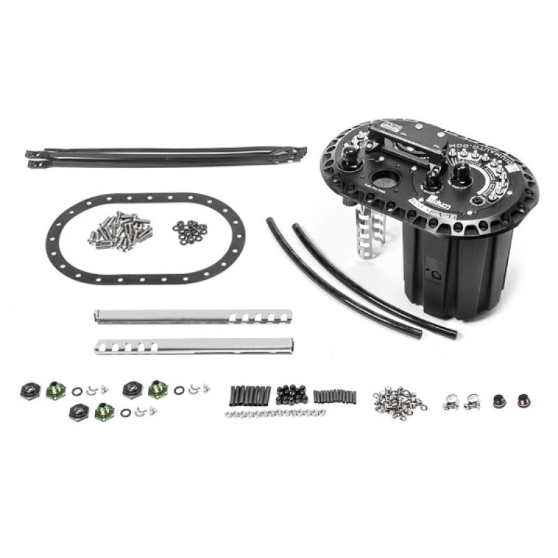 Radium Engineering FCST-X fuel cell surge tank with anodized lift-out modules and fuel pump mounting hardware.