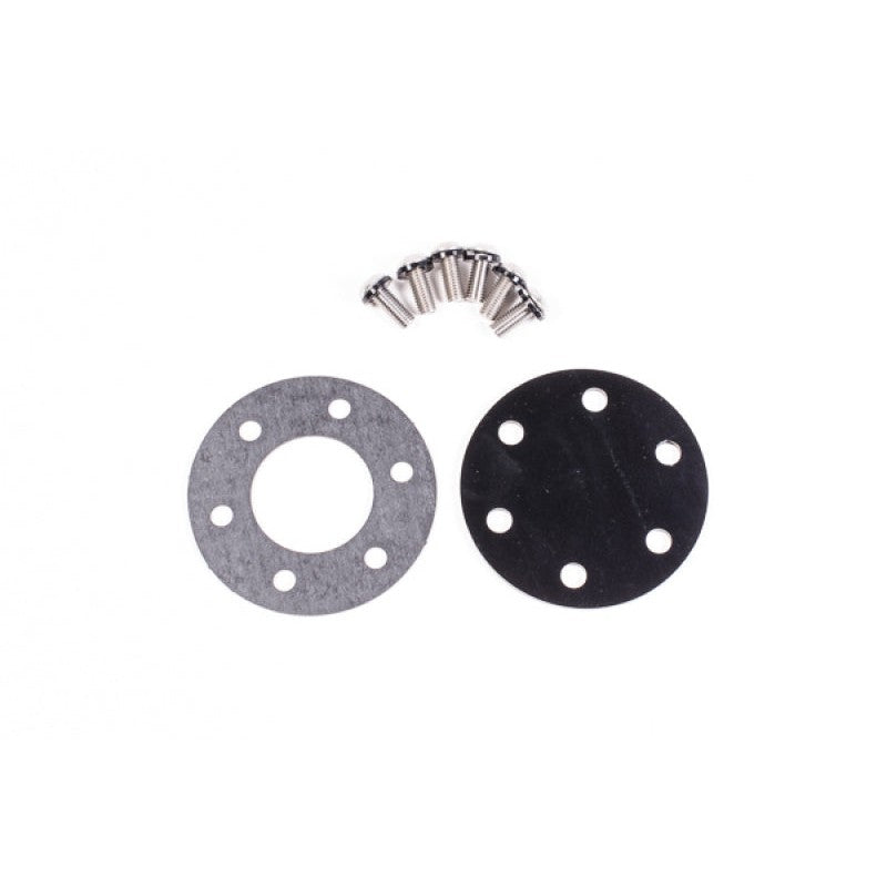 Radium Engineering black anodized billet aluminum filler neck block-off plate with rubber O-ring and hardware.