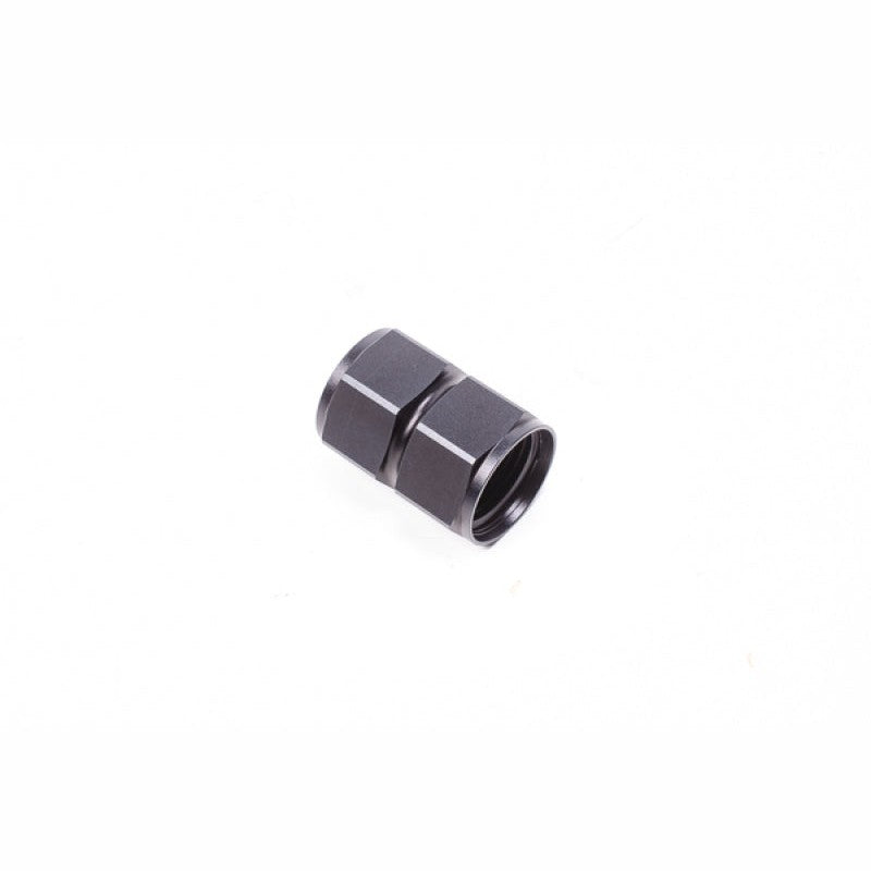 Black anodized aluminum Radium Engineering 14-0535 10AN female to 10AN female union adapter fitting.