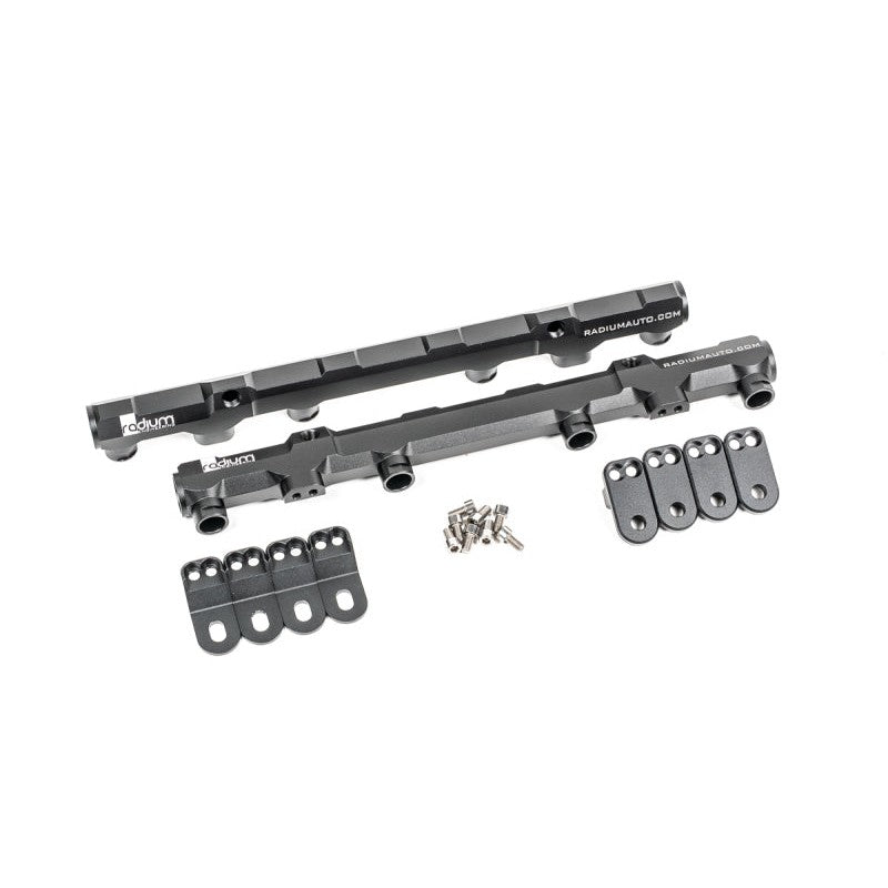 Radium Engineering CNC-machined aluminum fuel rails with 8AN ORB ports for Ford 5.0L Coyote and Voodoo engines.
