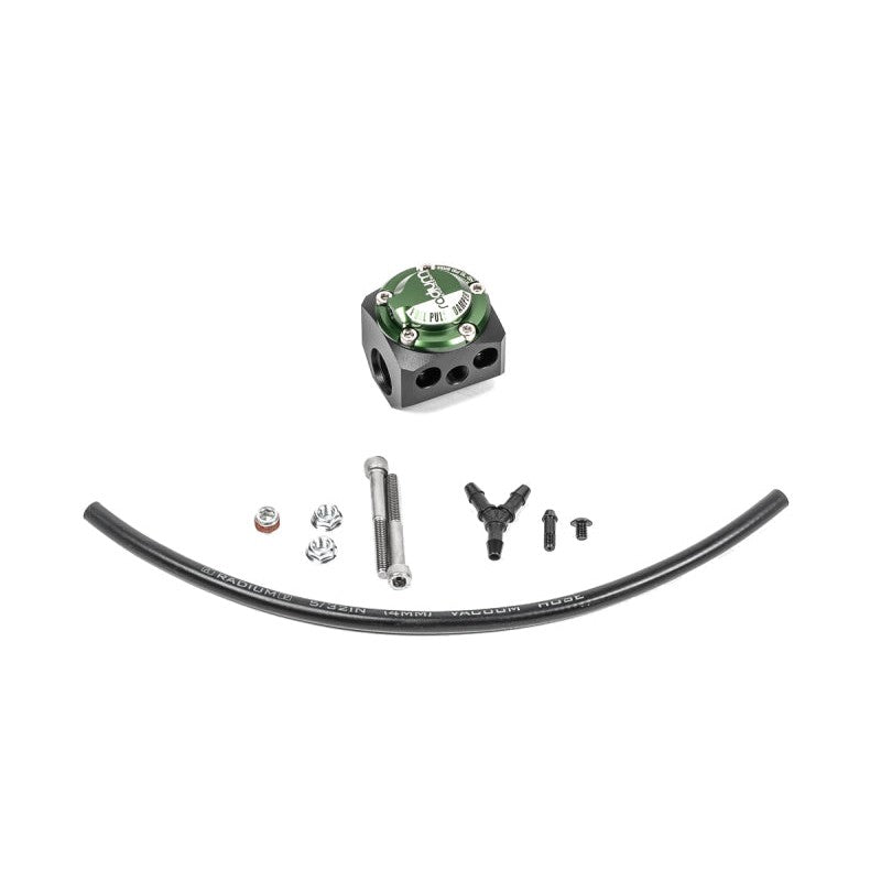 Radium Engineering FPD-R inline fuel pulse damper featuring black anodized finish and 8AN ORB ports.
