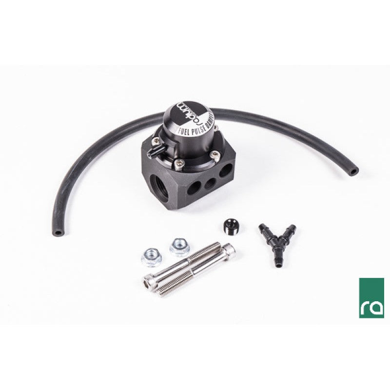 Radium Engineering FPD-XR inline fuel pulse damper featuring 8AN ORB ports and an integrated 1/8 inch NPT gauge port