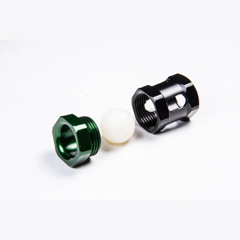 Radium Engineering anodized aluminum fuel collection valve assembly and check valve bushing.