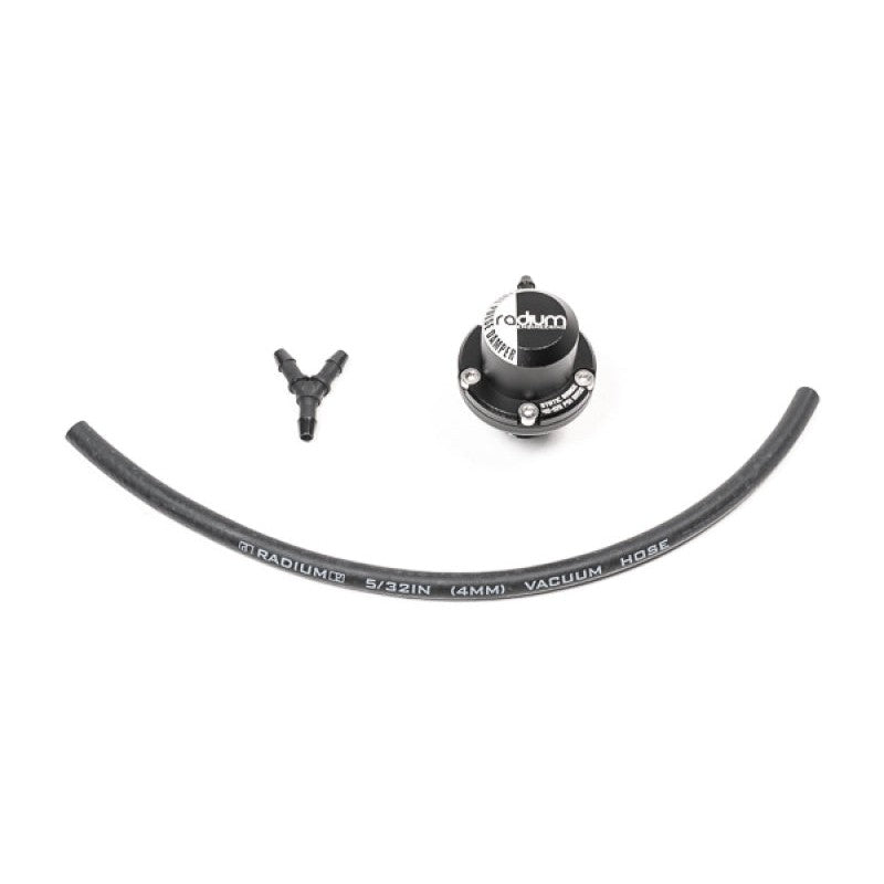 Radium Engineering XR series fuel pulse damper featuring an 8AN ORB swivel fitting for EFI fuel rail installation.