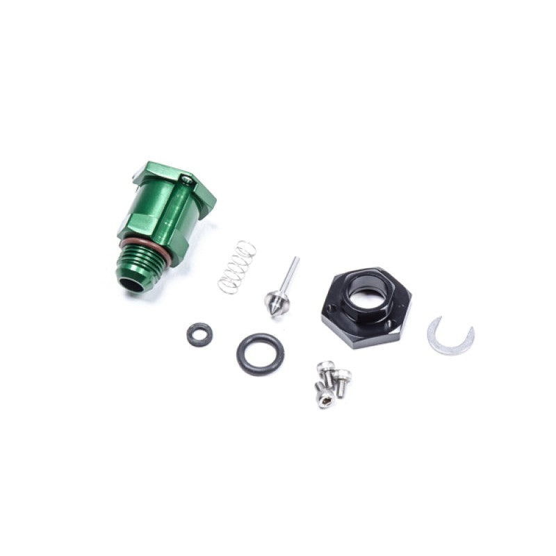 Radium Engineering 20-0598 fuel pump adapter with integrated check valve and 6AN male outlet.
