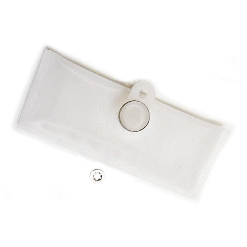 Radium Engineering white mesh fuel pump inlet filter sock with a black mounting flange for submersible pumps.