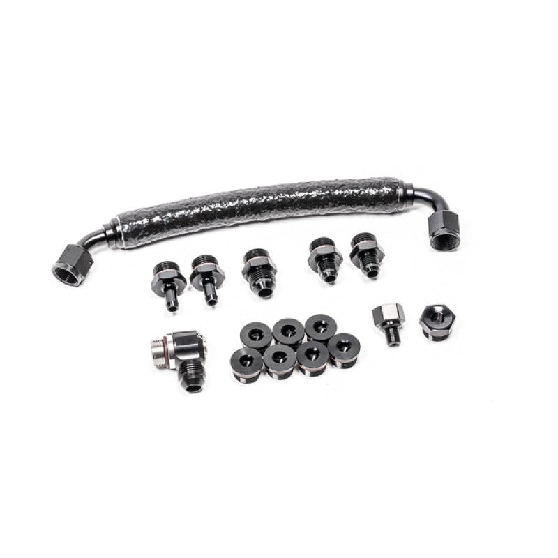 Radium Engineering fuel rail plumbing kit 20-0866-PK with black AN fittings and hoses for Audi R8 and Lamborghini Huracan