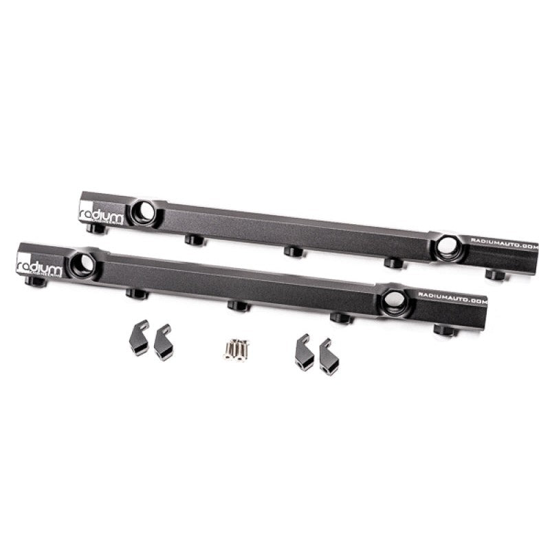 Anodized Radium Engineering high-flow fuel rail kit for Audi R8 and Lamborghini Huracan port injection systems.