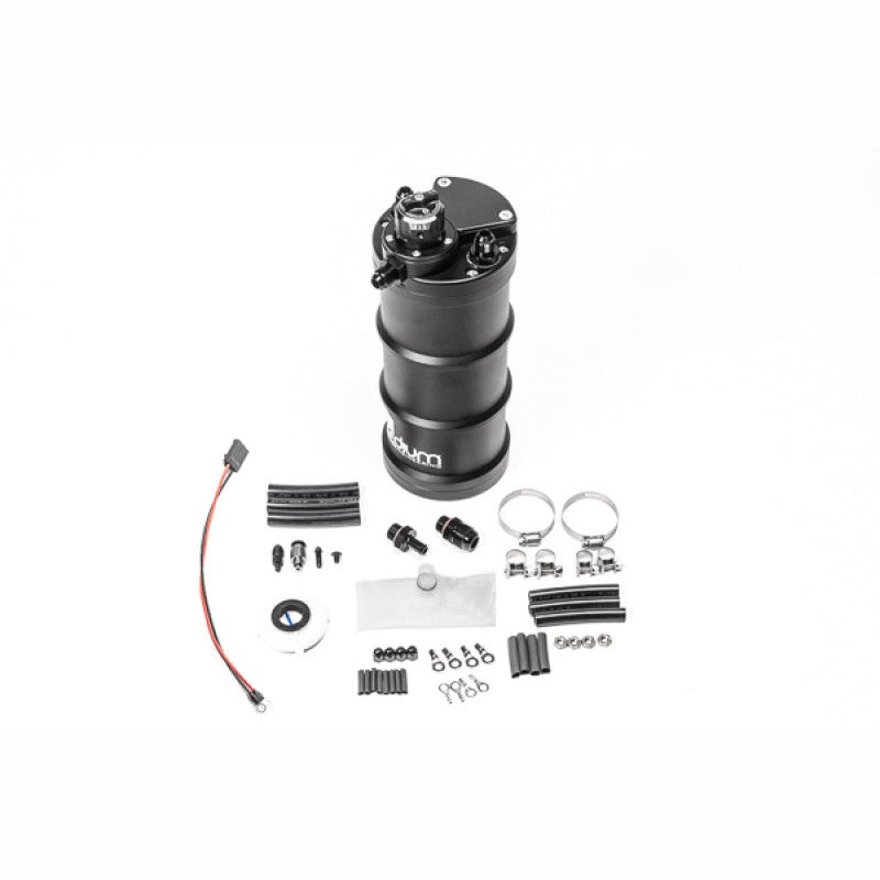 Radium Engineering black anodized fuel surge tank featuring an integrated adjustable fuel pressure regulator, MPN 20-1933.