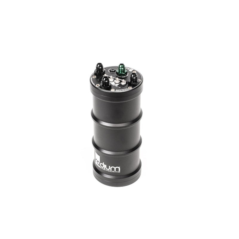 Black anodized Radium Engineering single pump fuel surge tank for universal EFI fuel systems.