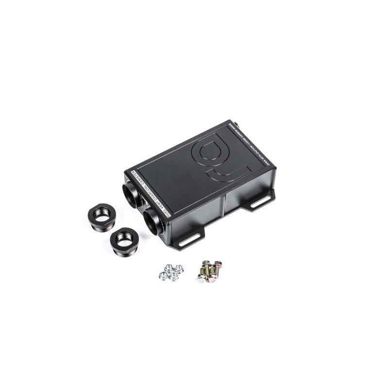 Radium Engineering universal fuel vent charcoal canister with black finish and AN adapter fittings