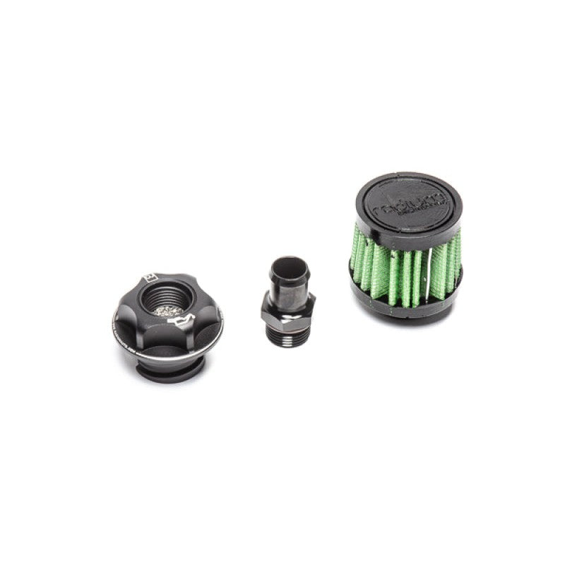 Radium Engineering black anodized baffled oil filler cap with 2-inch breather filter for GM LS V8 engines