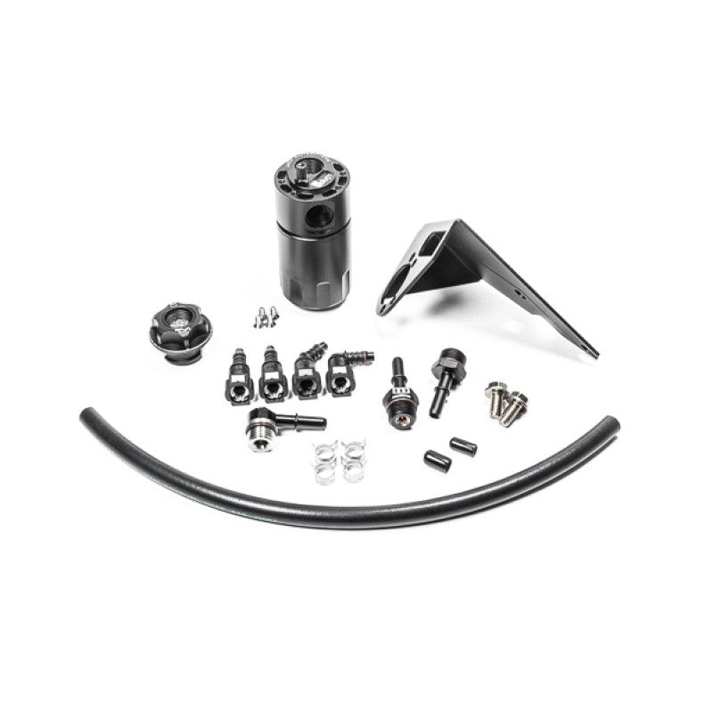 Radium Engineering Fluid Lock PCV catch can with black anodized finish and engine mounting bracket.