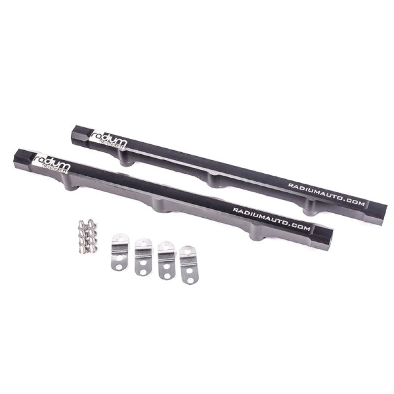 A pair of black anodized high-flow aluminum fuel rails for GM LS7 engines.