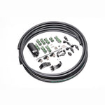 Radium Engineering fuel plumbing kit including fuel lines, brackets, and a black microglass fuel filter.