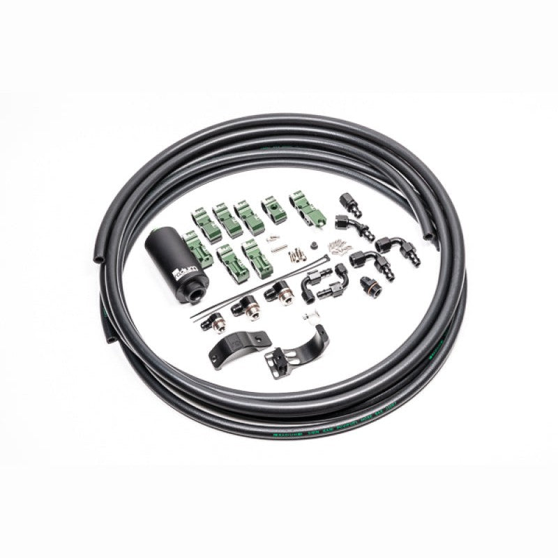 Radium Engineering fuel plumbing kit including fuel lines, brackets, and a black microglass fuel filter.