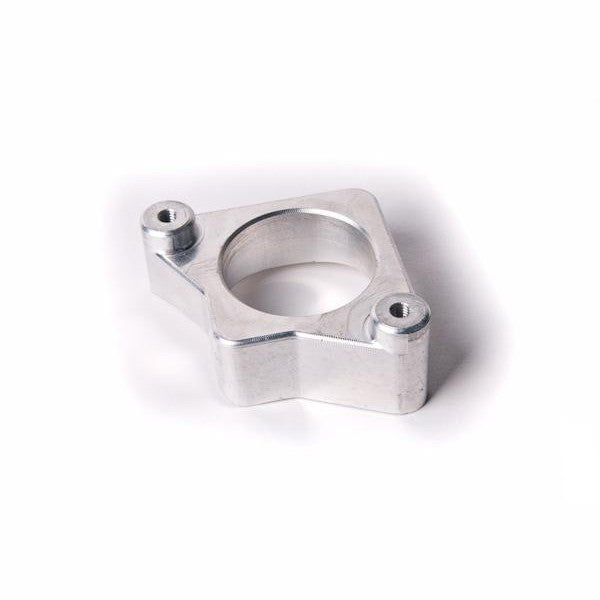 Polished billet 6061-T6 aluminum weld-on flange for Denso MAF sensor with M4 threaded mounting holes.