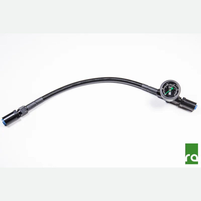 Radium Engineering 0-100 PSI fuel pressure gauge with PTFE hose and fittings for Lotus Elise and Exige models.