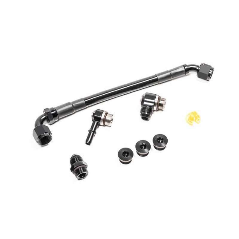 Radium Engineering fuel rail plumbing kit 20-0232-PK featuring black AN fittings and high-pressure hose.