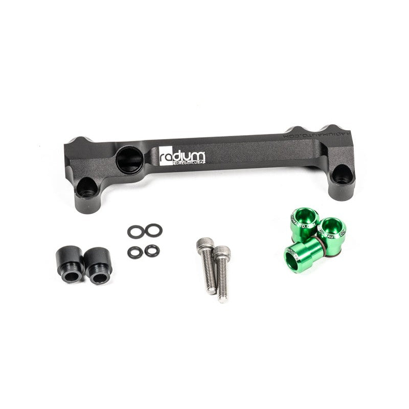 Radium Engineering CNC machined primary fuel rail for Mazda 20B top feed injector conversion.