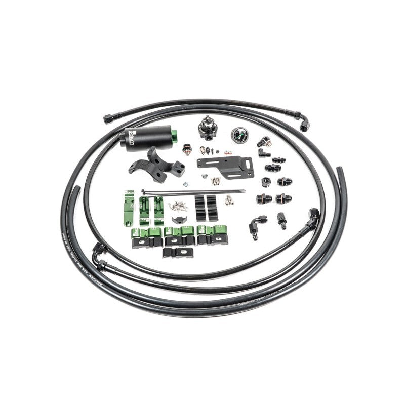 Radium Engineering fuel plumbing kit with stainless filter, regulator, and AN hoses for Mitsubishi Evolution 1-6